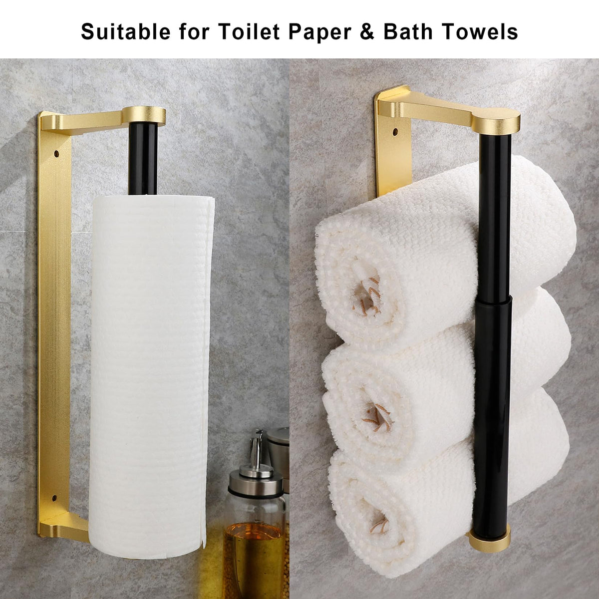 MONEER Glow Gold screw-mounted paper towel holder provides sturdy support.