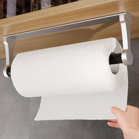 MONEER under-cabinet paper towel holder in silver keeps rolls within reach