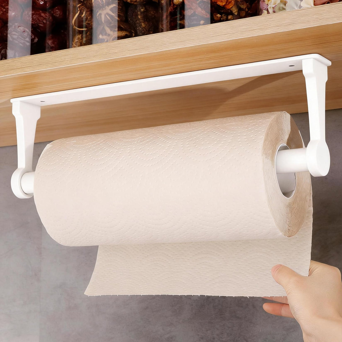 MONEER under-cabinet kitchen roll holder in white keeps towels within easy reach.