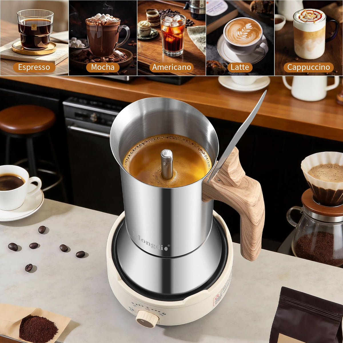 Mongdio camping and travel-ready espresso maker in action