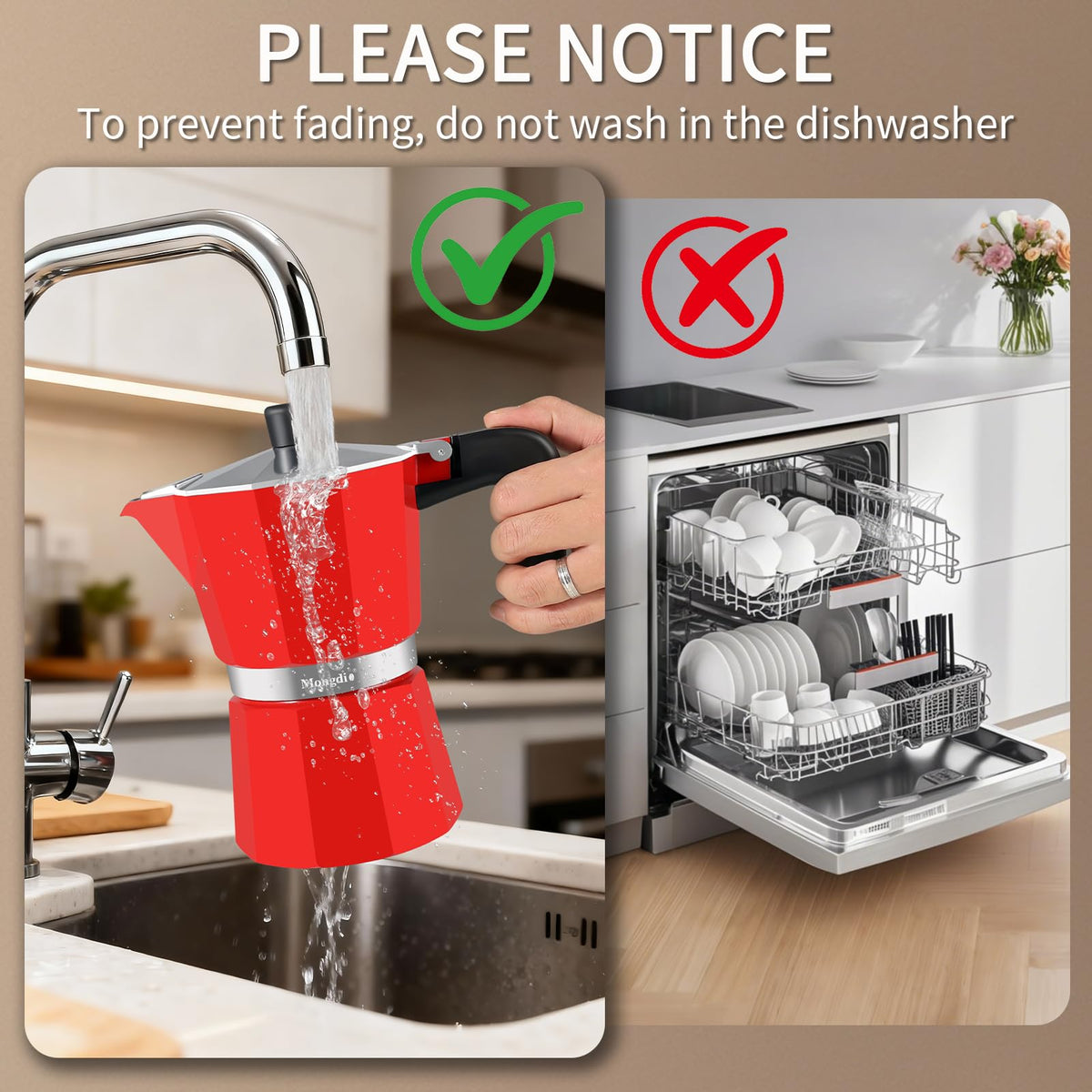 Mongdio easy-clean moka pot components rinse quickly after use.