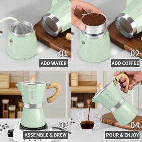 Heat-resistant handle and lid knob on Mongdio espresso maker