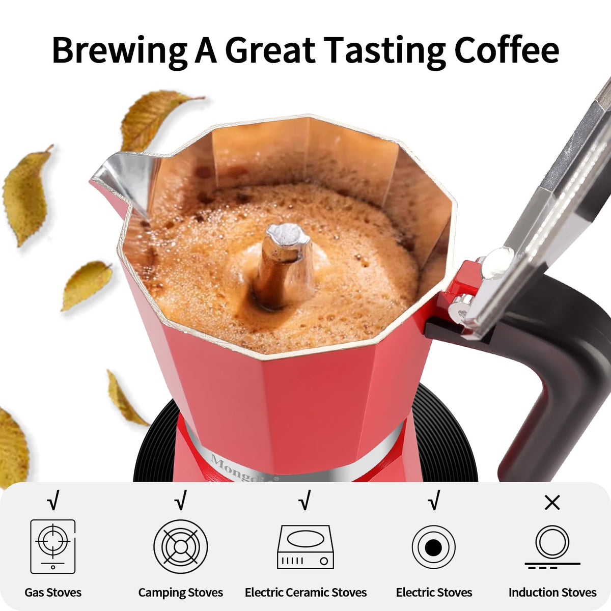Mongdio food-grade aluminum moka pot emphasizes durable, fast heating.