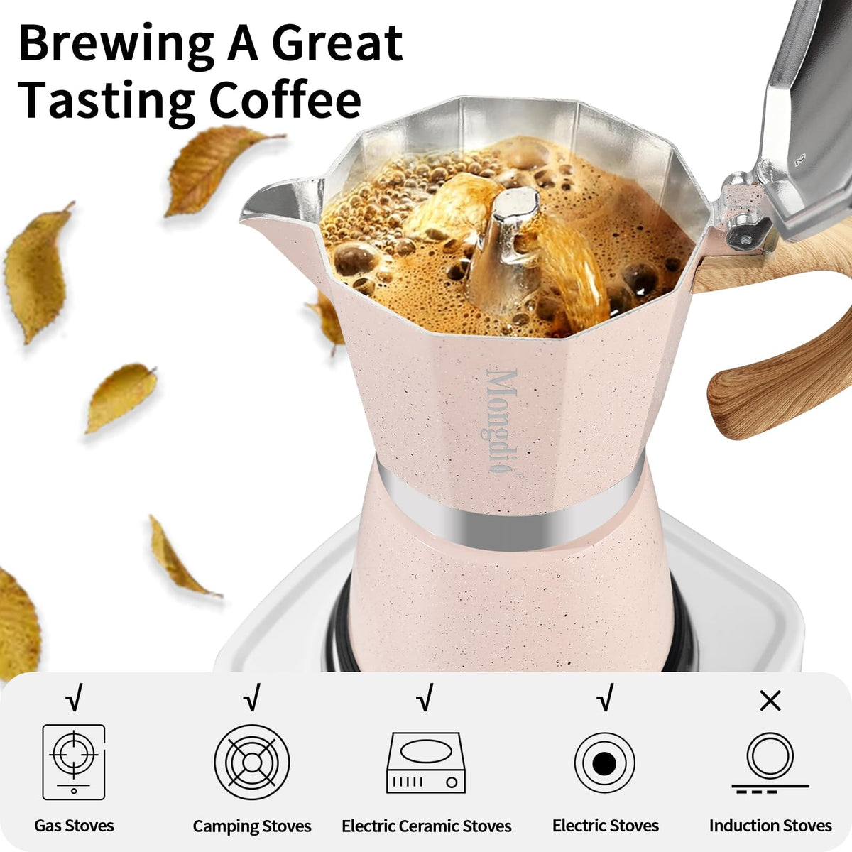 Mongdio heat-resistant handle espresso pot pink for safe pouring.