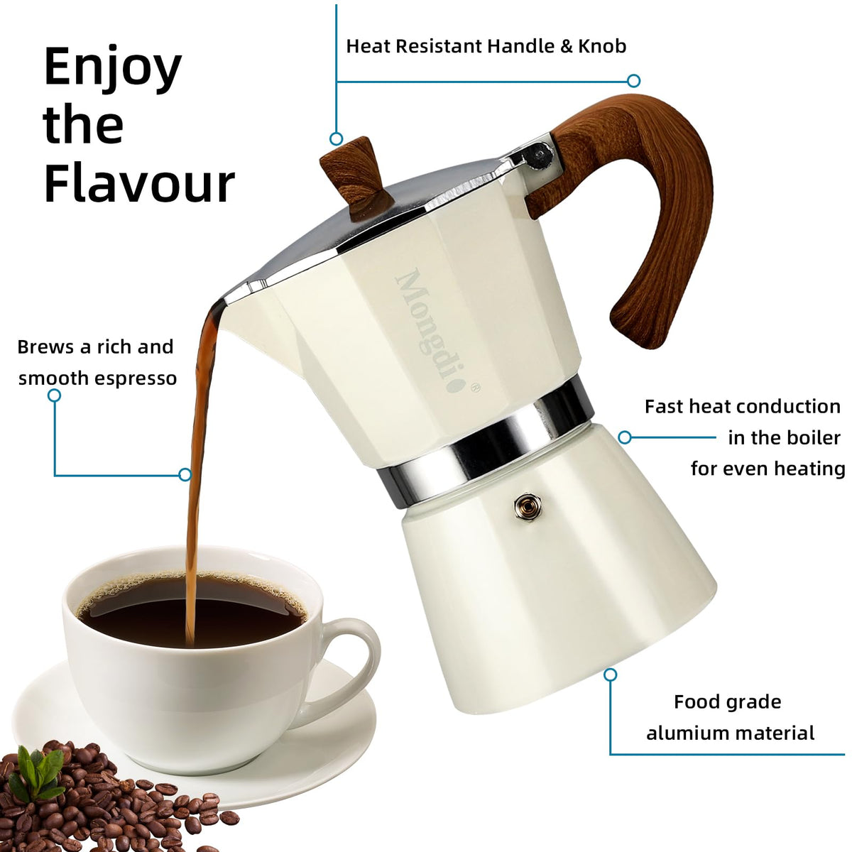 Mongdio pot with heat-resistant handle and lid knob for safe, comfy pouring.