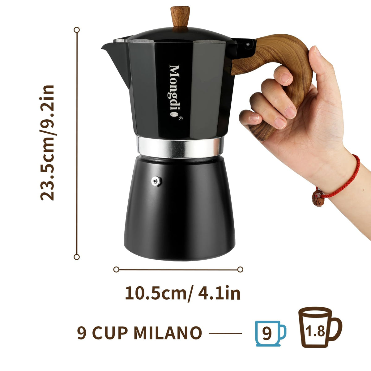 Mongdio heat-resistant handle — comfortable grip during stovetop brewing.