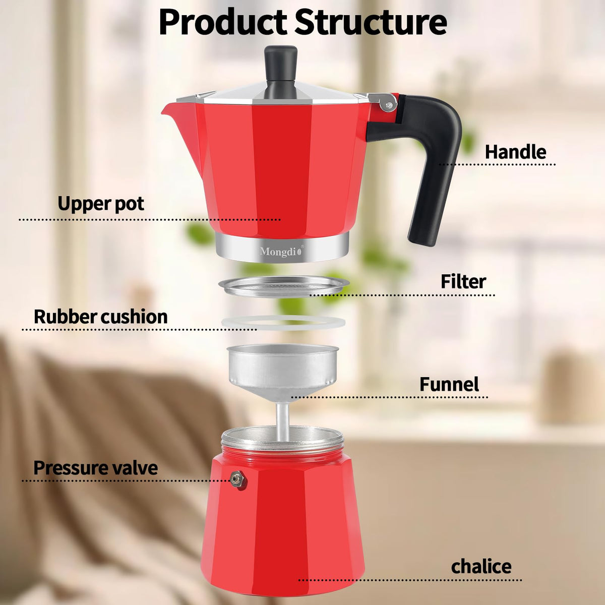 Mongdio Italian Greca design moka pot for rich, velvety espresso experience.