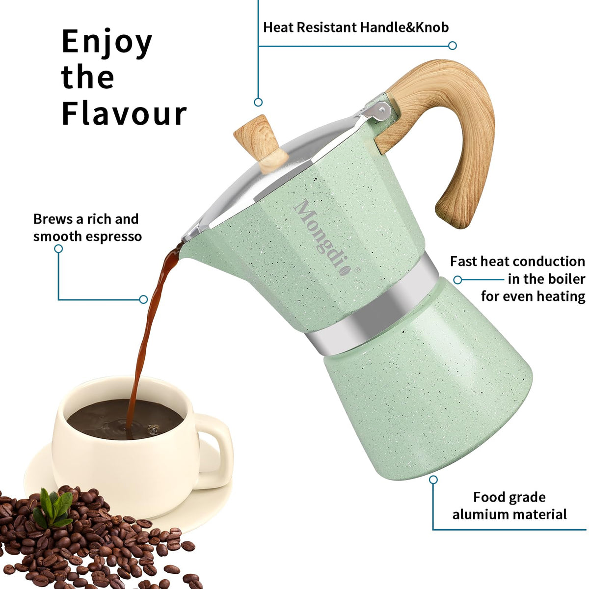 Durable aluminum body of Mongdio moka pot for even heat