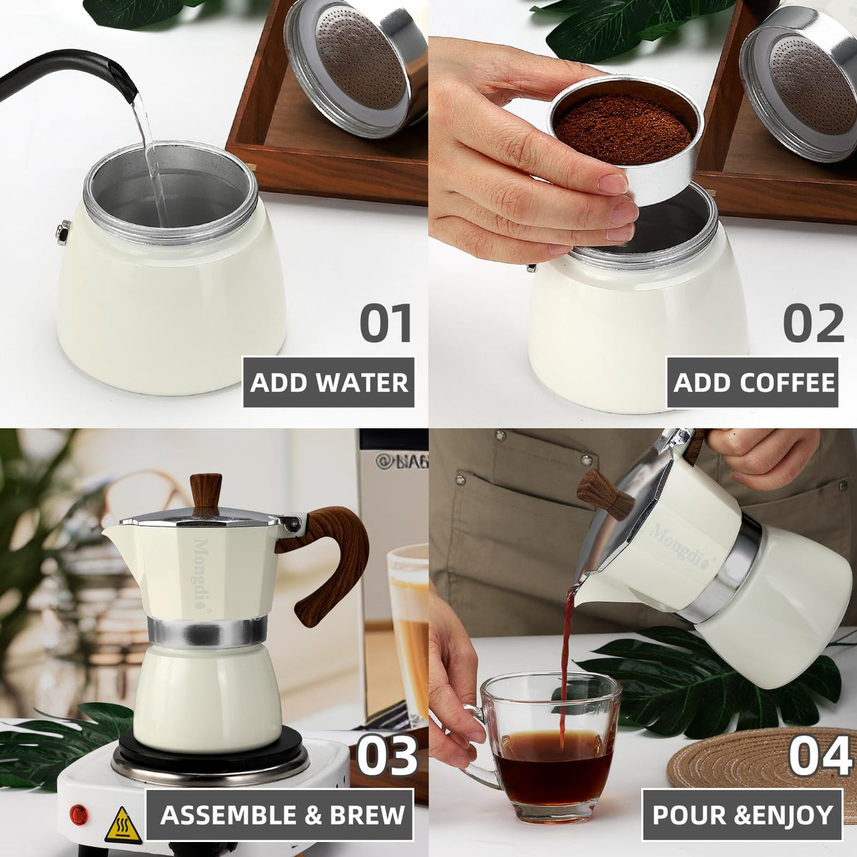 Mongdio espresso pot with integrated spout for clean serving