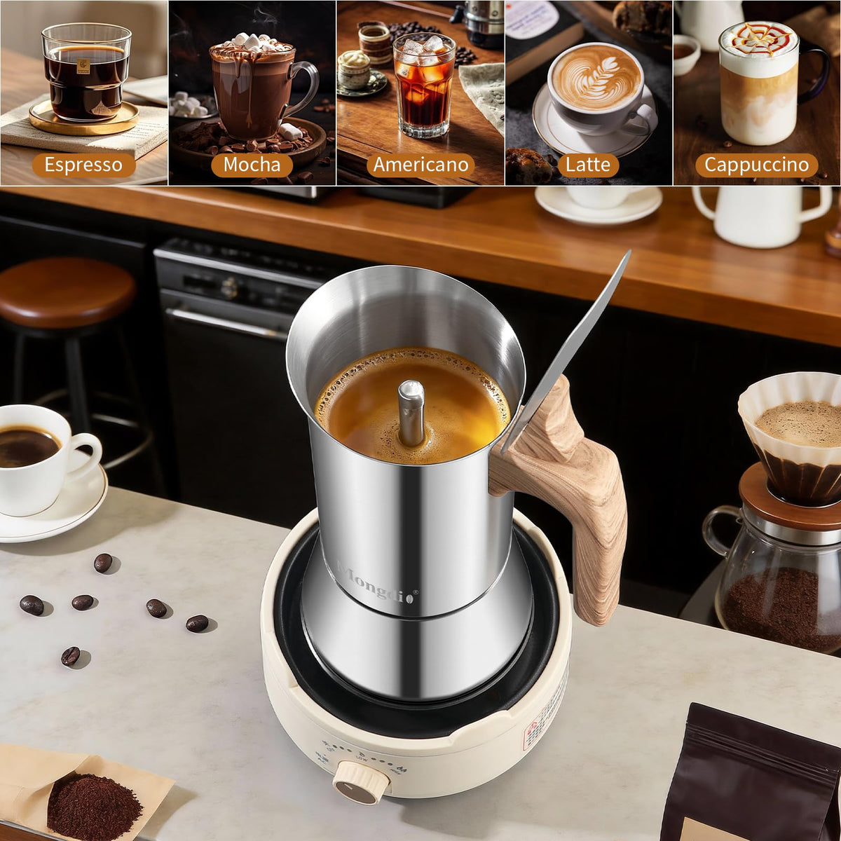 Mongdio moka pot in camping kit for outdoor espresso moments.