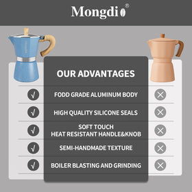 Mongdio moka pot cast aluminum body close-up showing durability.