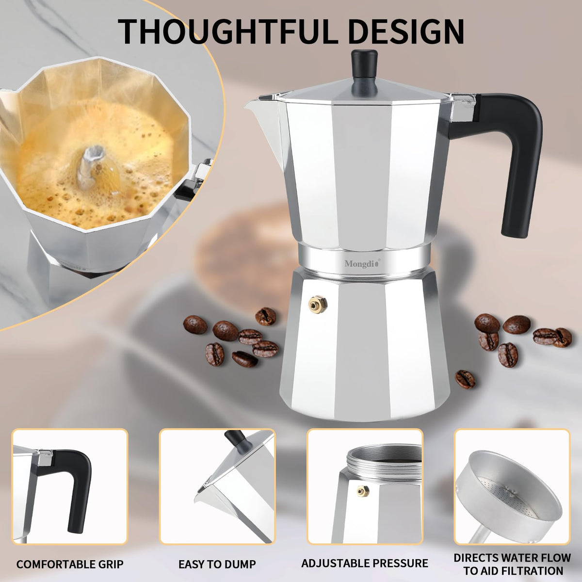 Mongdio moka pot brew close-up reveals rich crema and aroma