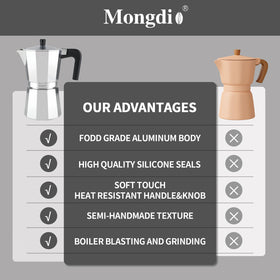 Mongdio moka pot front view in silver highlights classic Italian design and even heat.