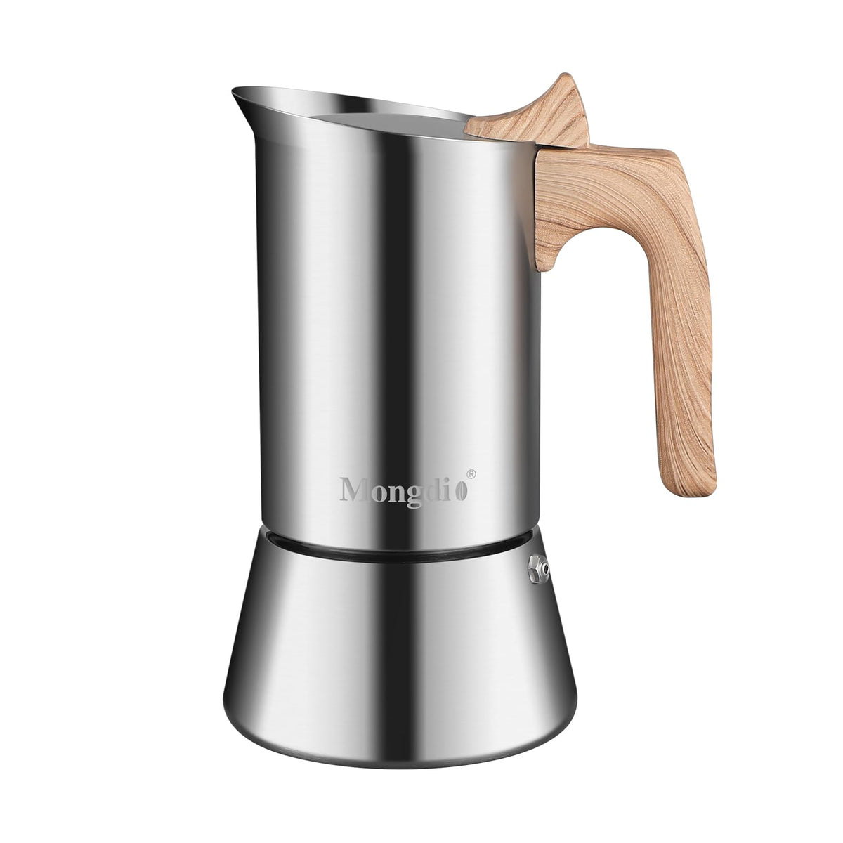 Mongdio moka pot full view shows premium stainless steel for home and outdoor use.