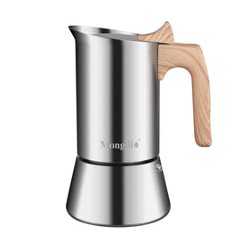 Mongdio moka pot full view shows premium stainless steel for home and outdoor use.