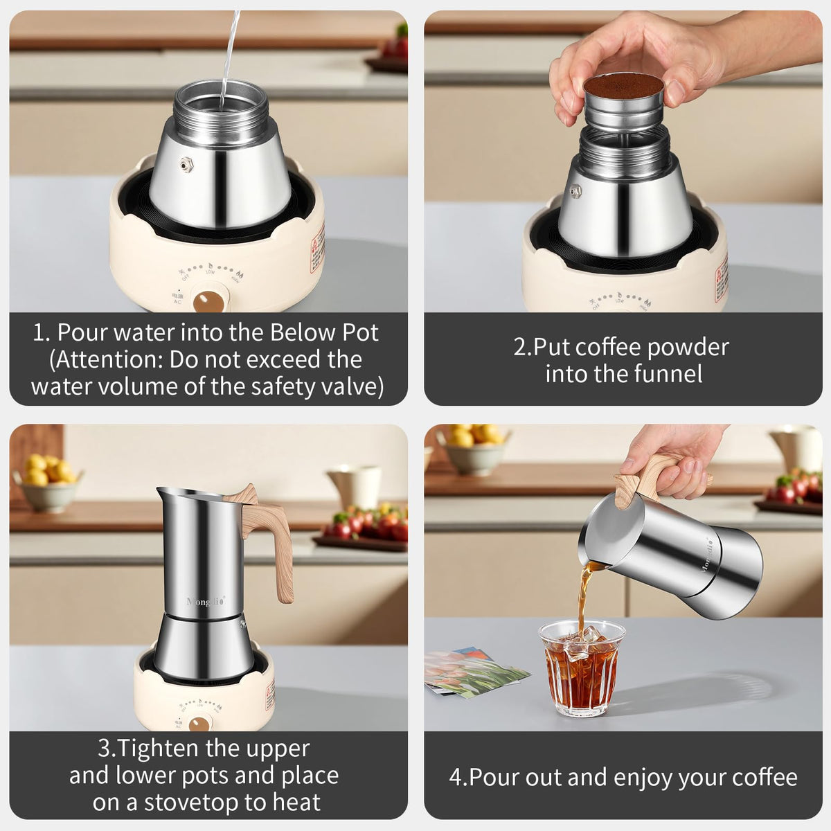Mongdio moka pot with ergonomic handle and splash-proof spout for safe pouring.