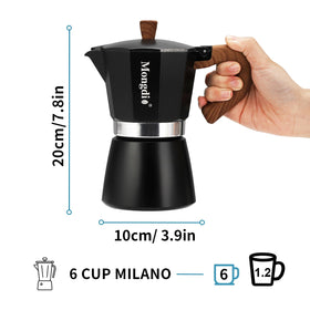 Mongdio moka pot with heat-resistant handle for safe use.