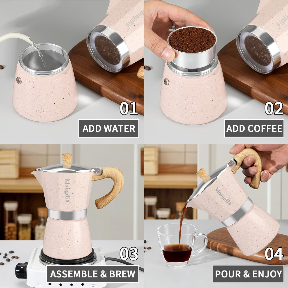 Mongdio moka pot pink for stove top brewing with crema.