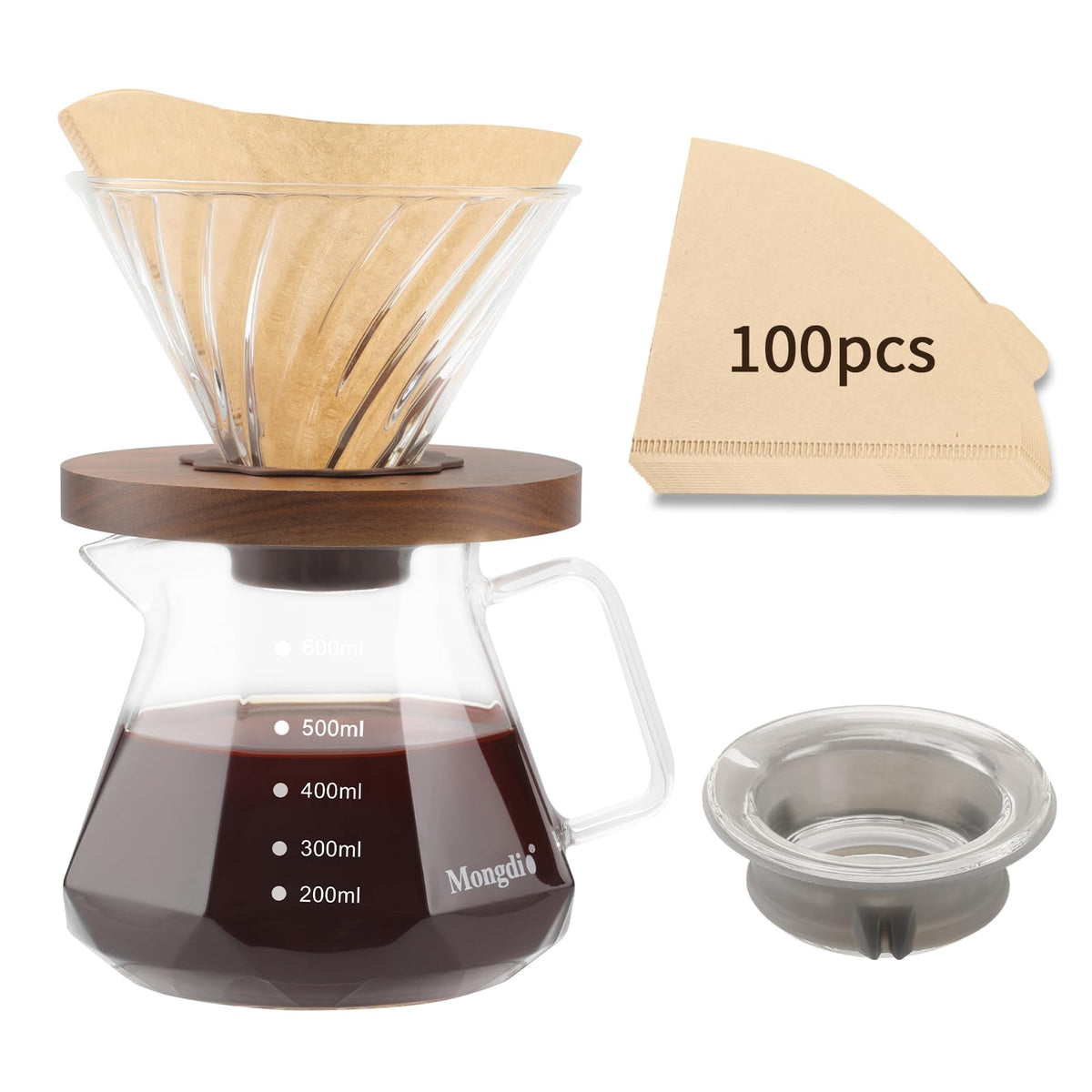 Mongdio pour over coffee maker 600ml glass body for rich hand brewed coffee.
