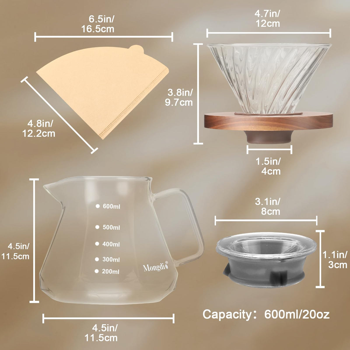 Mongdio 5-in-1 set features V-shaped spout for smooth pouring.
