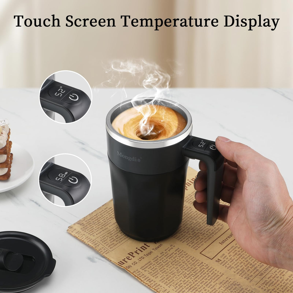 Mongdio self stirring mug 400mAh battery offers multiple stirring sessions per charge.
