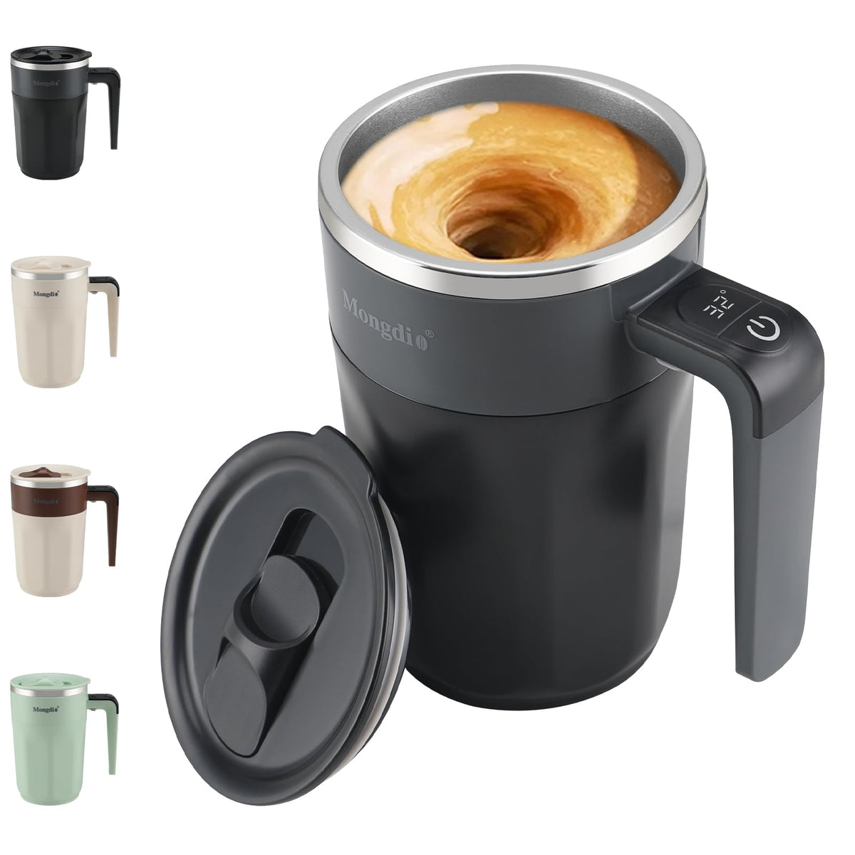 Mongdio self stirring mug with black body, ideal for on-the-go coffee stirring.