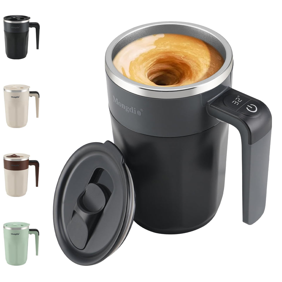Mongdio self stirring mug with black body, ideal for on-the-go coffee stirring.