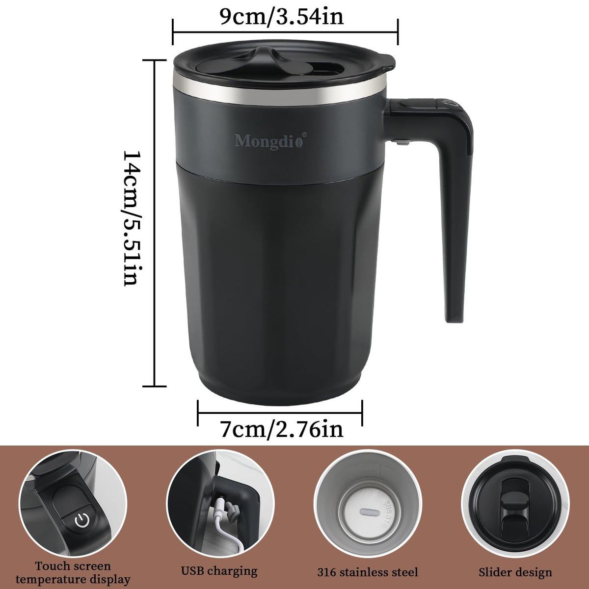 Mongdio self stirring mug ergonomic handle provides comfortable grip during use.