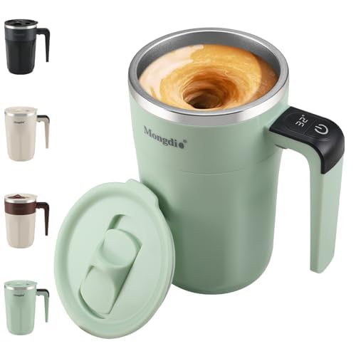 Mongdio self-stirring mug front view in green with ergonomic handle for easy gripping.