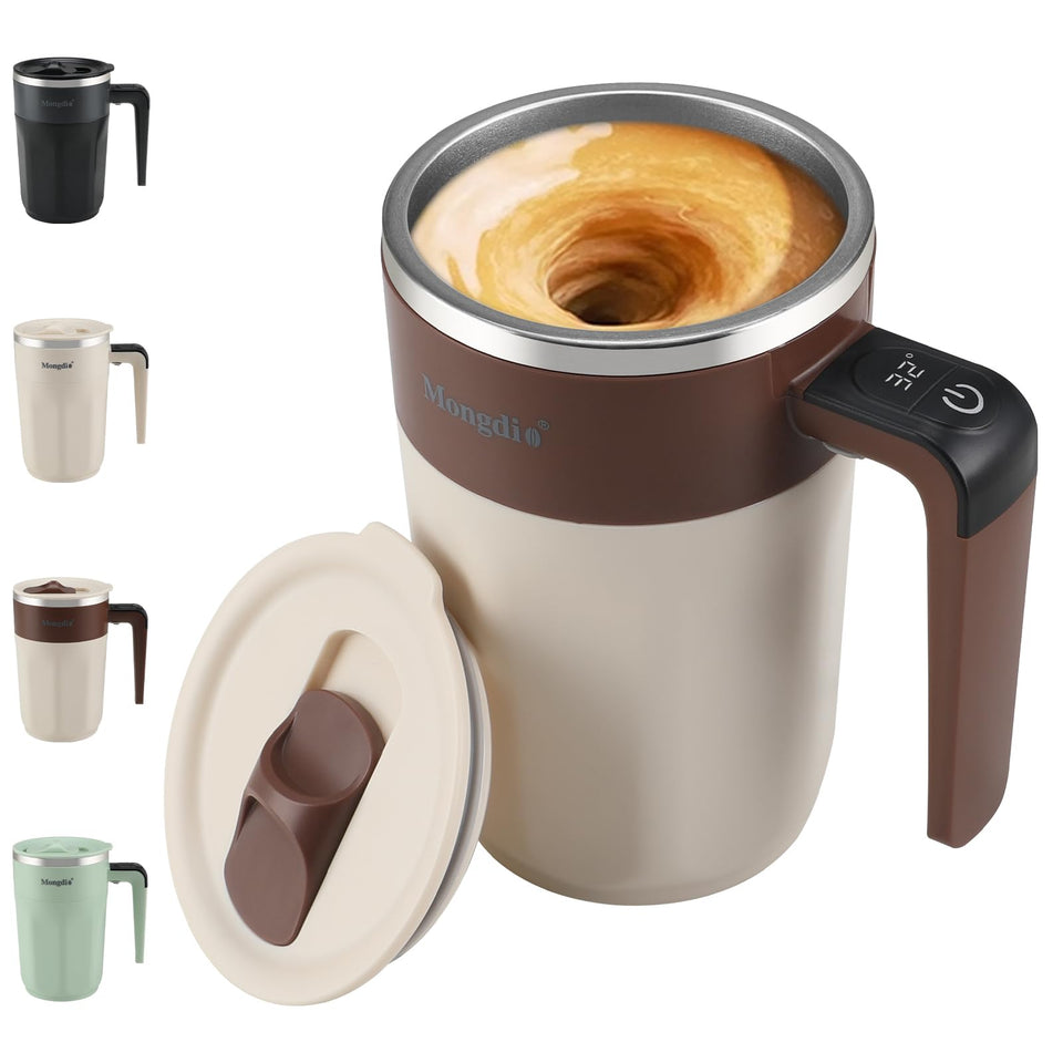 Mongdio self-stirring mug with temperature display for safer sipping