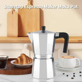 Silver finish Mongdio moka pot ready for classic espresso at home