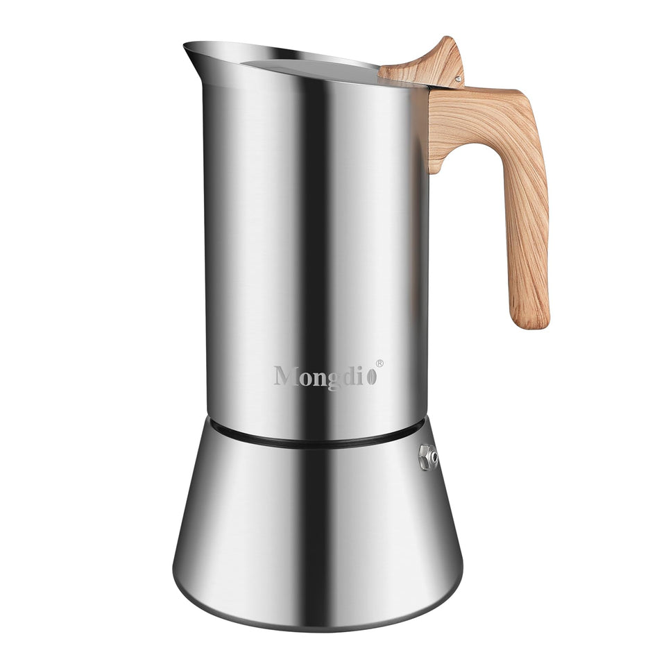Mongdio stainless steel moka pot exterior for durable, everyday use