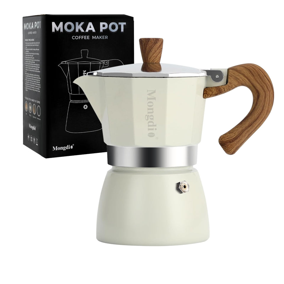 Mongdio stovetop espresso maker pouring a rich 3-cup brew