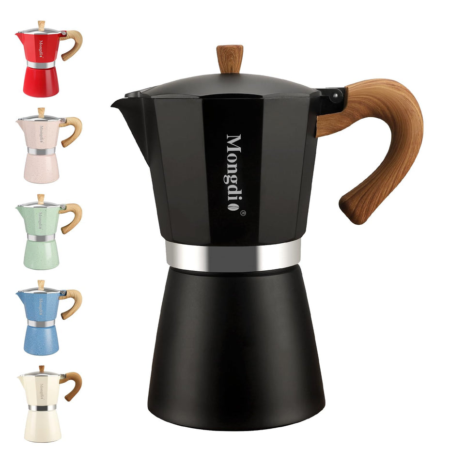 Mongdio stovetop espresso maker in black, 6-cup capacity for rich at-home brew.