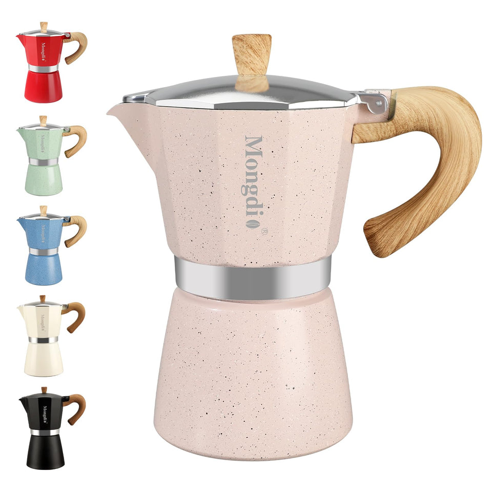 Mongdio pink stovetop espresso maker with 6 cups for rich home espresso.