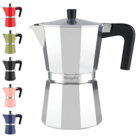 Mongdio stovetop espresso pot in silver ready for rich, home-brewed espresso