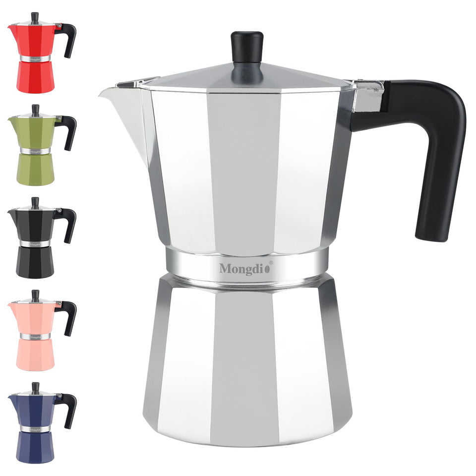 Mongdio stovetop espresso pot in silver ready for rich, home-brewed espresso