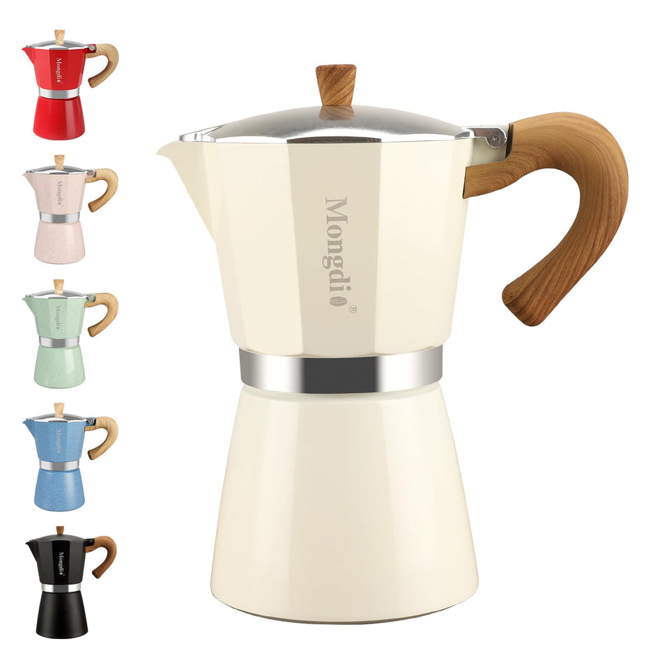 Mongdio stovetop espresso pot in white, showing compact 6-cup capacity for rich home brewing.