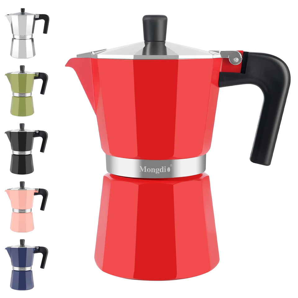 Mongdio stovetop espresso pot 6-cup red ready for quick at-home Italian-style coffee.
