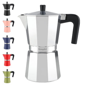 Mongdio stovetop espresso pot 9-cup silver showcases compact efficiency for rich at-home espresso.