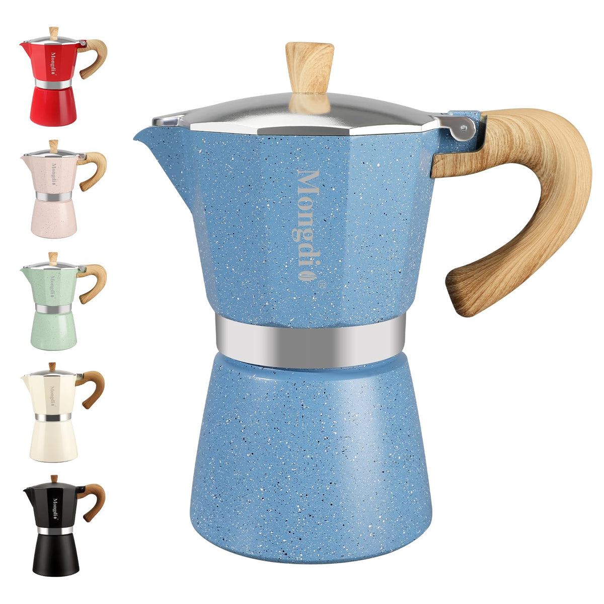 Mongdio stovetop espresso pot blue full view for quick home brewing.