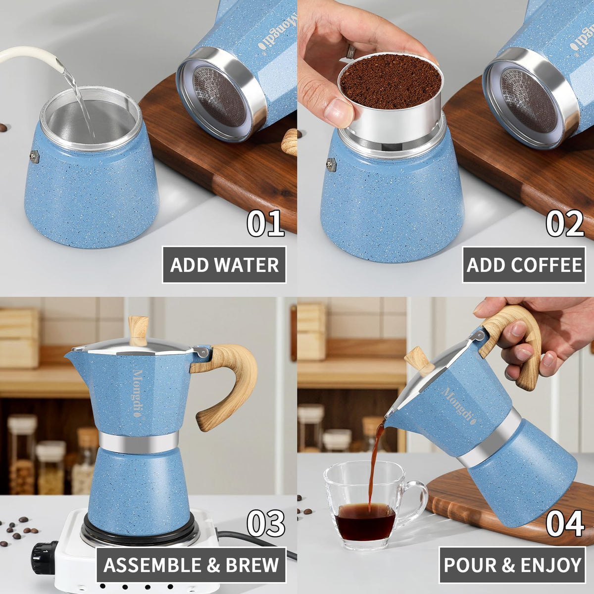 Mongdio stovetop espresso pot blue side view highlighting the ergonomic handle.