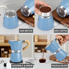 Mongdio stovetop espresso pot blue side view highlighting the ergonomic handle.