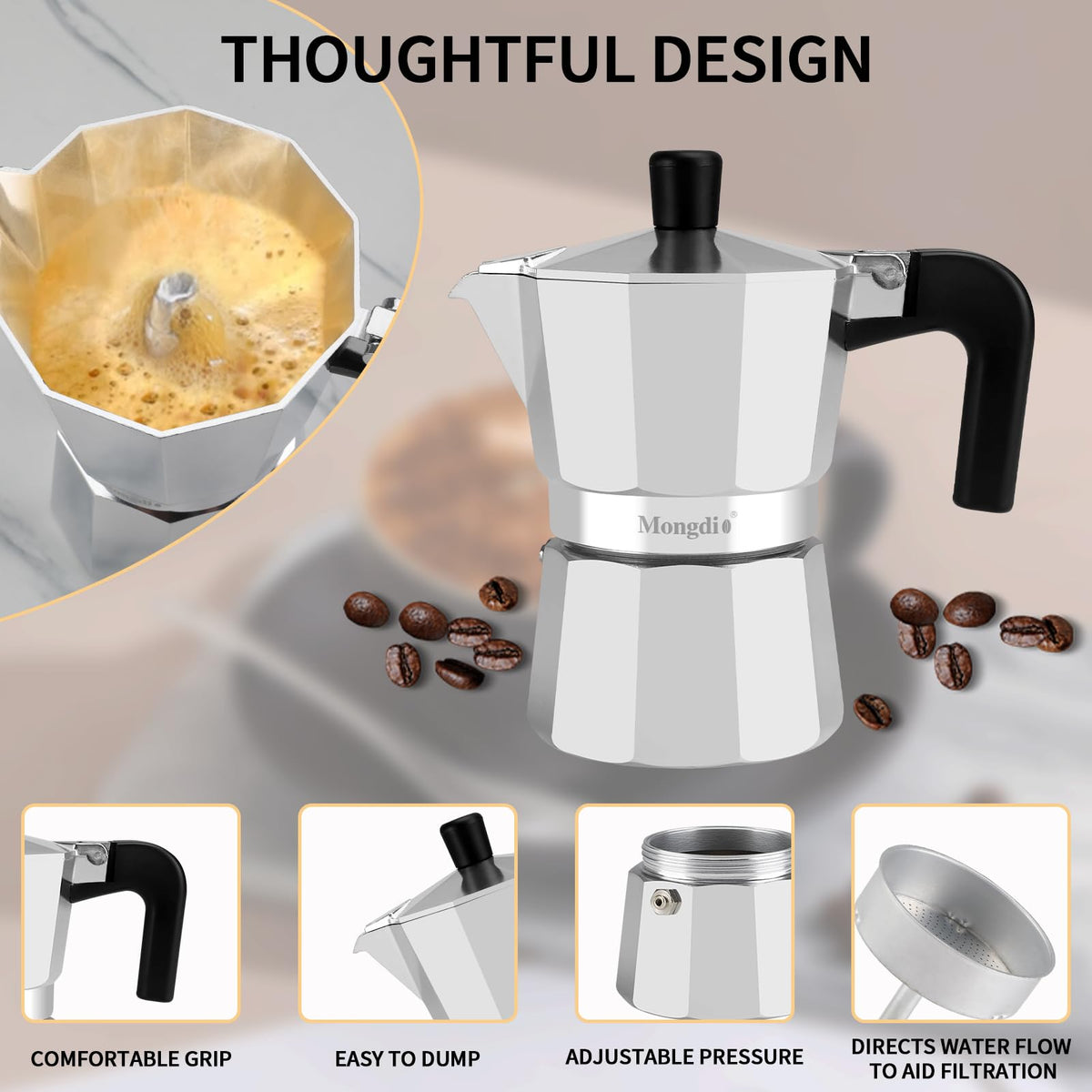 Mongdio stovetop espresso pot brew closeup showing crema
