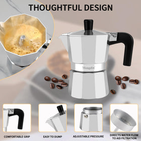 Mongdio stovetop espresso pot brew closeup showing crema