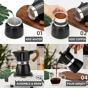 Mongdio pour spout on moka pot for clean serving.