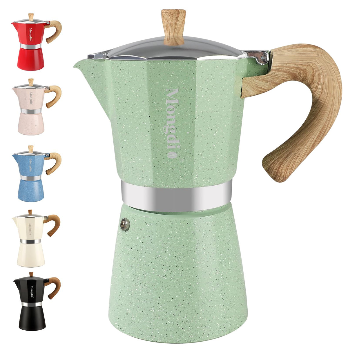 Mongdio green stovetop moka pot ready for quick espresso at home