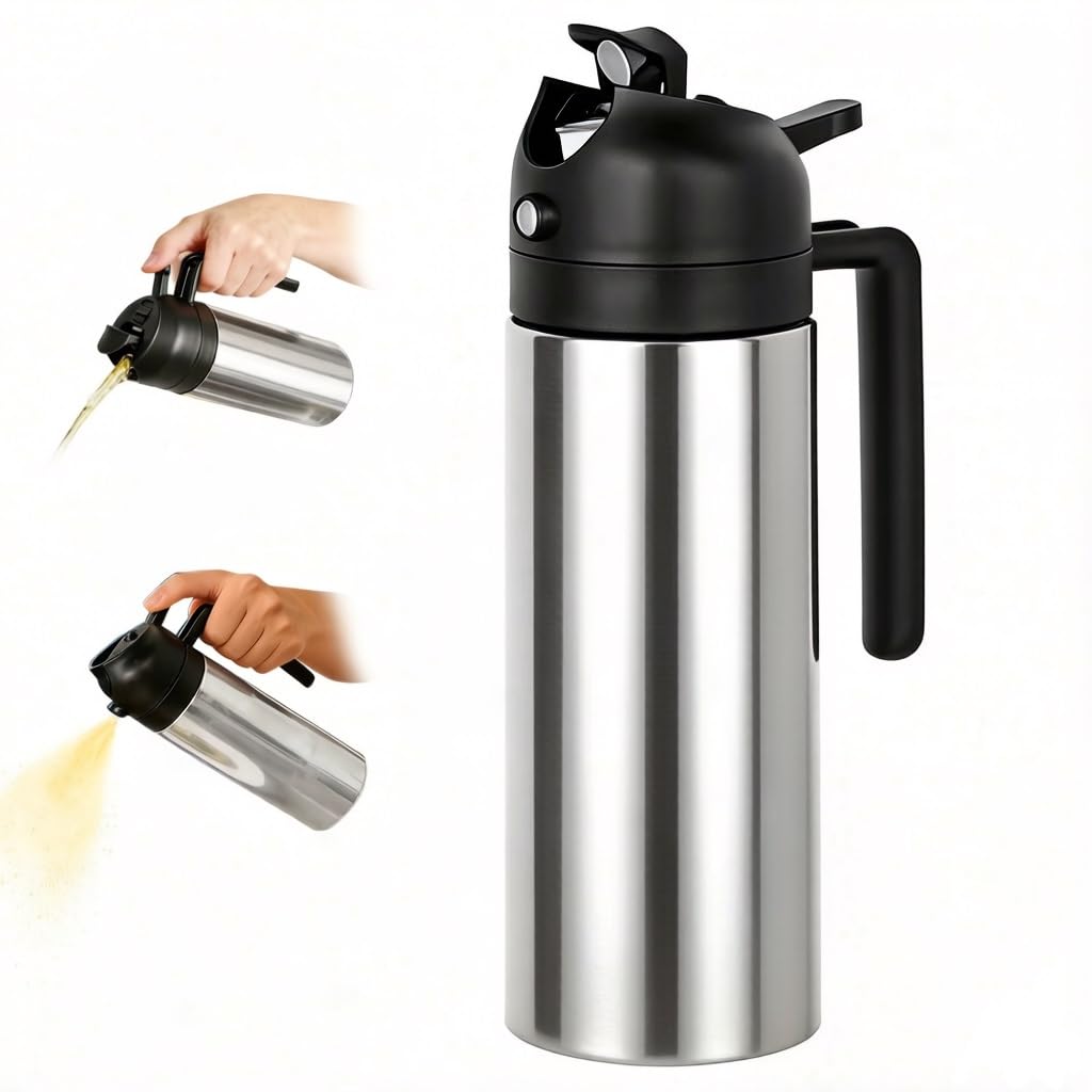 Moniko 2in1 oil dispenser bottle enables precise pouring and spraying.