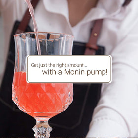 Monin syrup pump fits 750ml glass bottles securely.