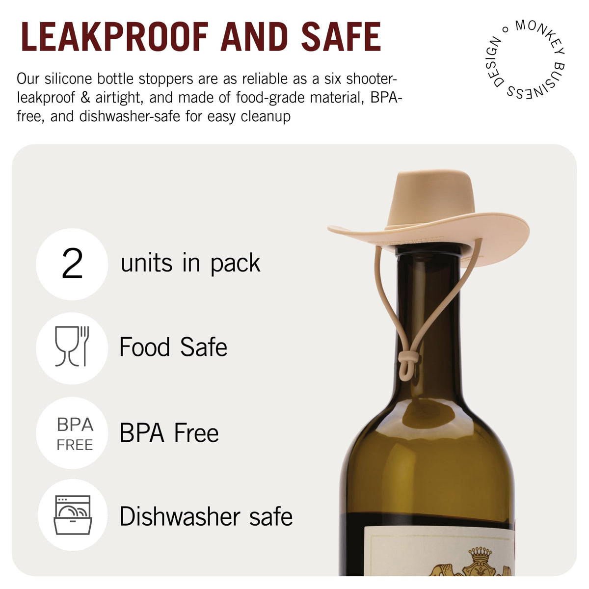 Monkey Business Howdy cowboy hat wine stopper dishwasher safe for easy cleanup.